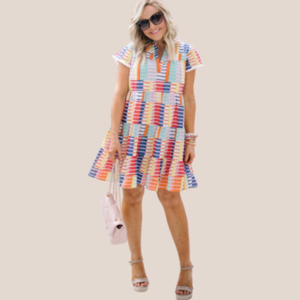 THML Multicolor Block Flutter Sleeve Mini Dress Large